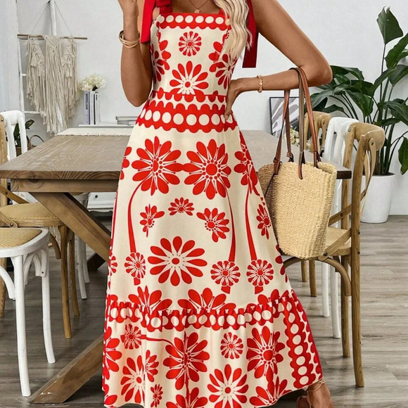 White Casual Women's Floral Print Shoulder Strap Cinched Waist Long Maxi Dress - Picture 6 of 6
